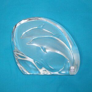 Mats Jonasson Sweden Full Lead Crystal Paperweight Double Dolphins